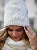 Beaded hat with a neck warmer for winter, cream C50 - Online store - Boutique